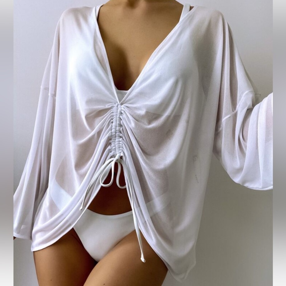 SHEIN Women’s Swim Mesh Drawstring Ruched Cover-Up with Bow - white, size M